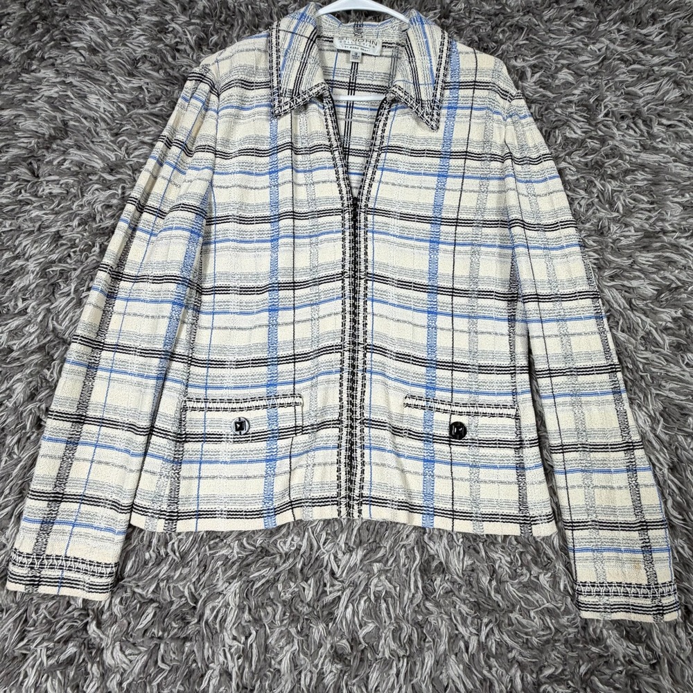 St John Collection Marie Gray Plaid Knit Zip Front Jacket Blazer Cream Blue 12